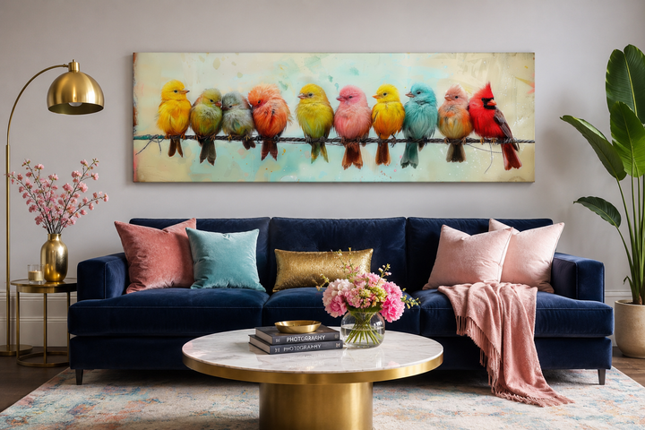 Colorful Birds On A Wire long horizontal canvas wall art displayed above a navy blue sofa.