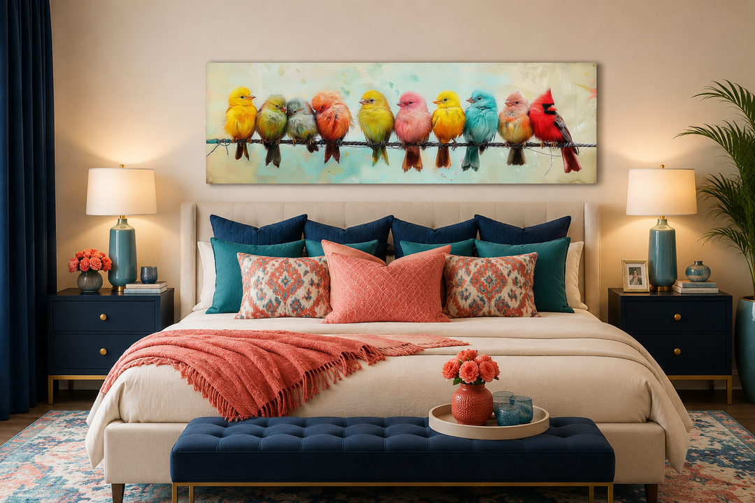 Colorful Birds On A Wire long horizontal canvas wall art hanging above a bed in a modern bedroom.