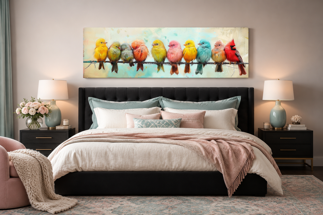 Colorful Birds On A Wire long horizontal canvas wall art hanging above a bed in a modern bedroom.