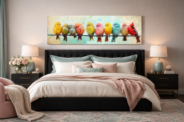 Colorful Birds On A Wire long horizontal canvas wall art hanging above a bed in a modern bedroom.