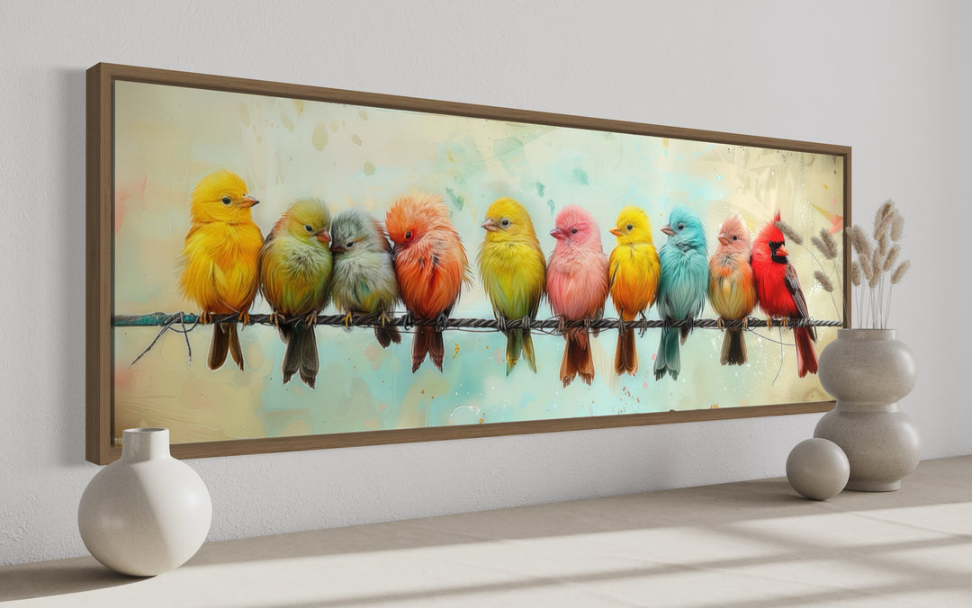 Colorful Birds On A Wire Long Horizontal Canvas Wall Art