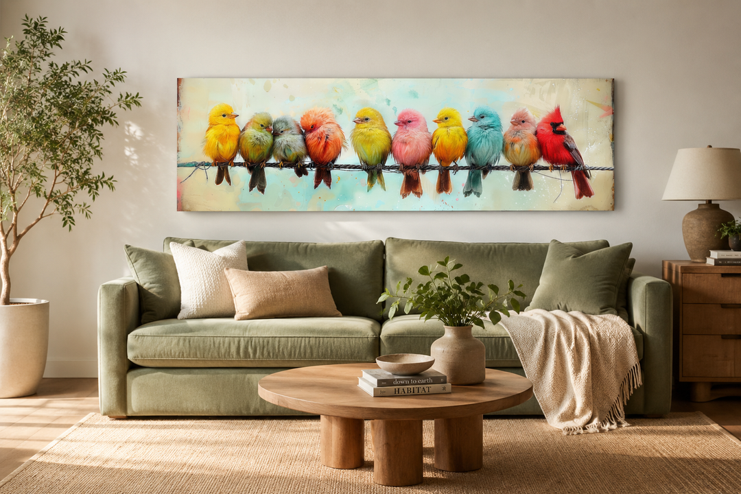 Colorful Birds On A Wire long horizontal canvas wall art hanging above a green sofa in a living room