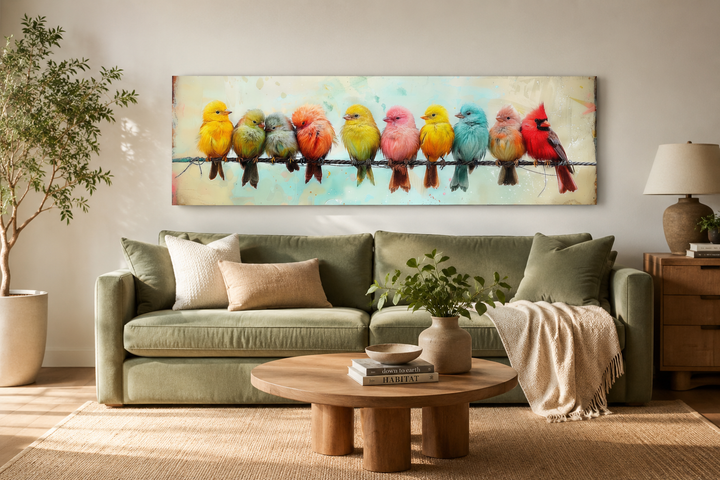 Colorful Birds On A Wire long horizontal canvas wall art hanging above a green sofa in a living room