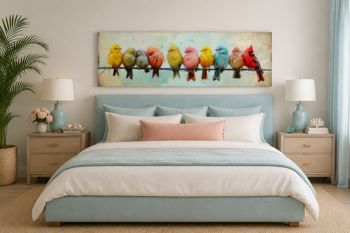 Colorful Birds On A Wire long horizontal canvas wall art hanging above a bed in a modern bedroom.