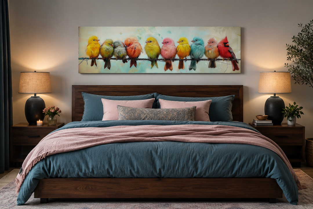 Colorful Birds On A Wire long horizontal canvas wall art hanging above a bed in a bedroom.