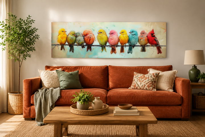 Colorful Birds On A Wire long horizontal canvas wall art hanging above a rust-colored sofa.
