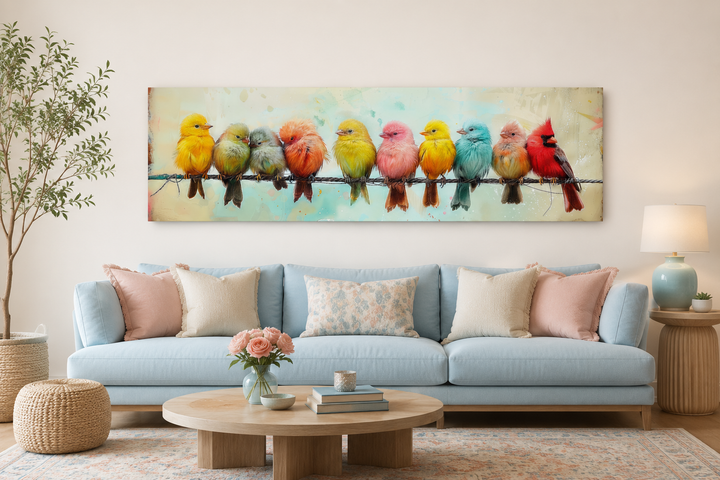 Colorful Birds On A Wire long horizontal canvas wall art hanging above a light blue sofa.