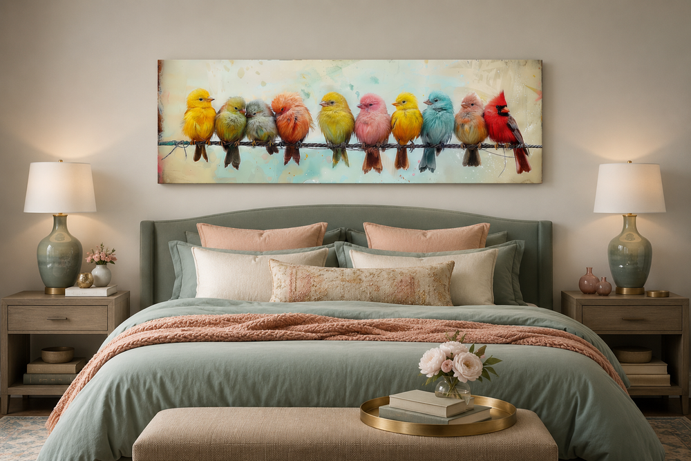 Colorful Birds On A Wire long horizontal canvas wall art hanging above a bed in a bedroom.