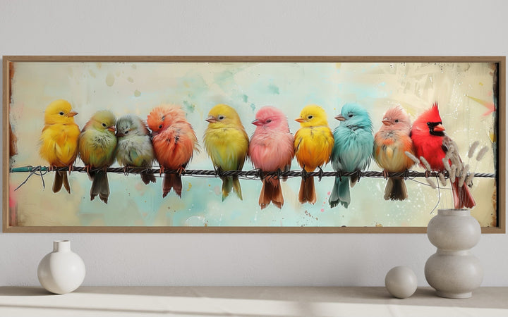 Colorful Birds On A Wire Long Horizontal Canvas Wall Art