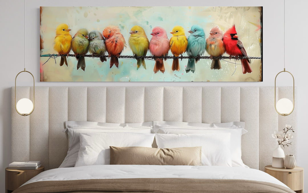 Colorful Birds On A Wire long horizontal canvas wall art hanging above a bed in a modern bedroom.