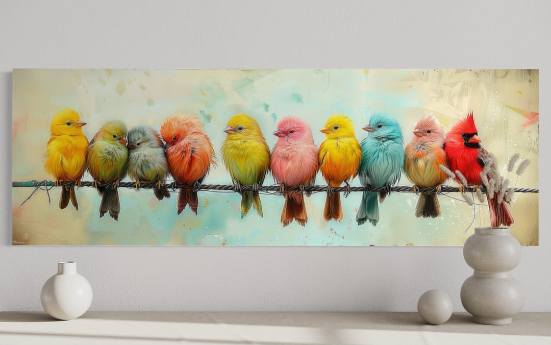 Long horizontal canvas wall art featuring ten colorful birds perched on a wire against a soft background.