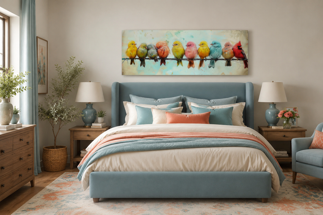 Colorful Birds On A Wire horizontal canvas wall art hanging above a blue upholstered bed.