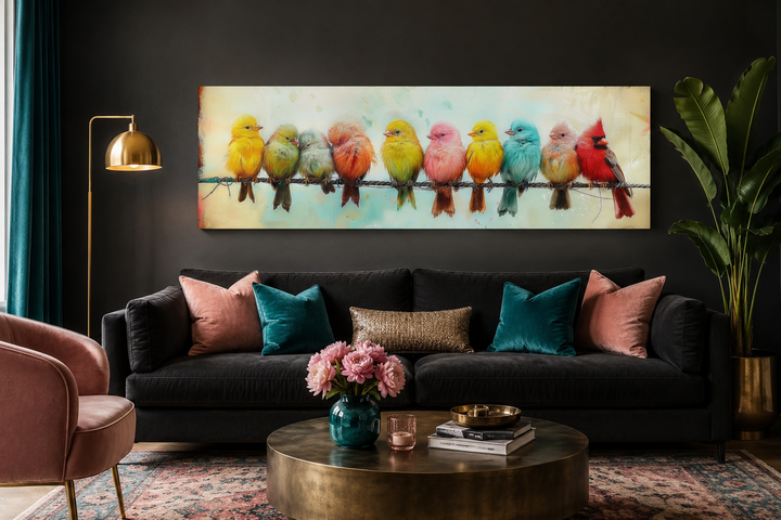 Colorful Birds On A Wire Long Horizontal Canvas Wall Art displayed above a dark sofa in a room.