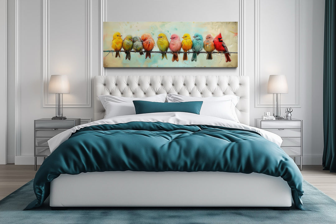 Colorful Birds On A Wire Long Horizontal Canvas Wall Art