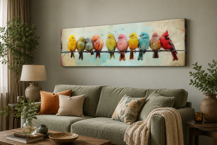Colorful Birds On A Wire long horizontal canvas wall art hanging above a green sofa in a living room