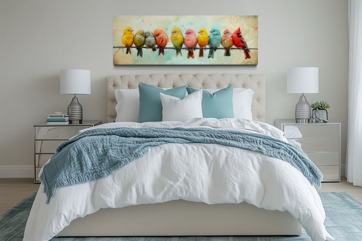 Colorful Birds On A Wire Long Horizontal Canvas Wall Art