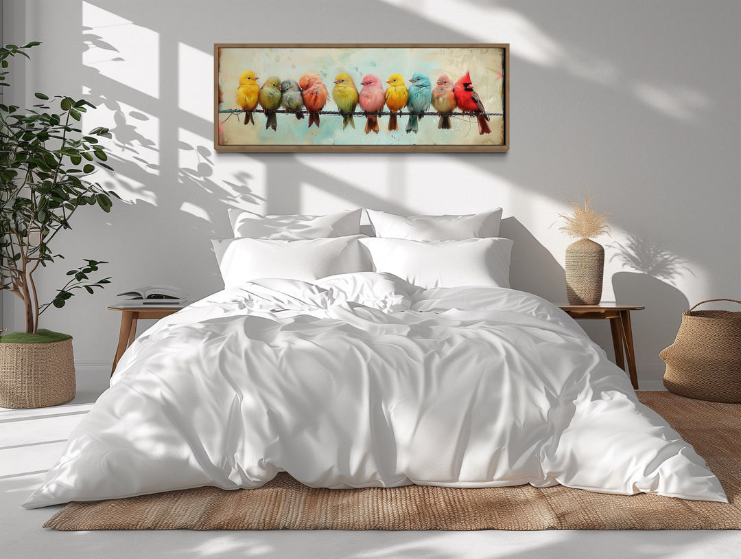 Colorful Birds On A Wire Long Horizontal Canvas Wall Art