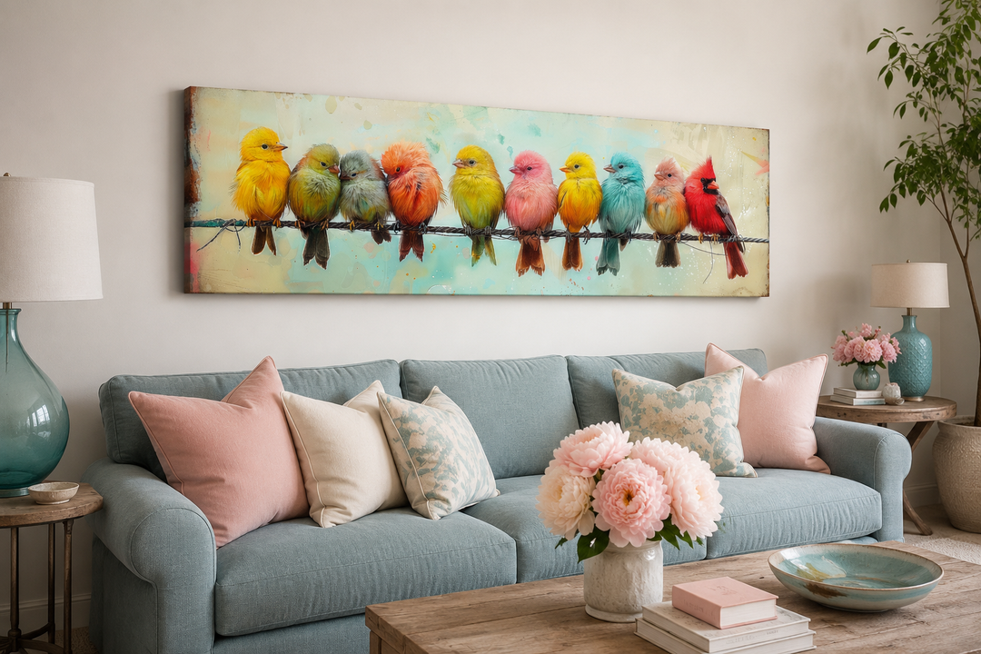 Long horizontal canvas wall art featuring eleven colorful birds perched on a wire above a sofa.