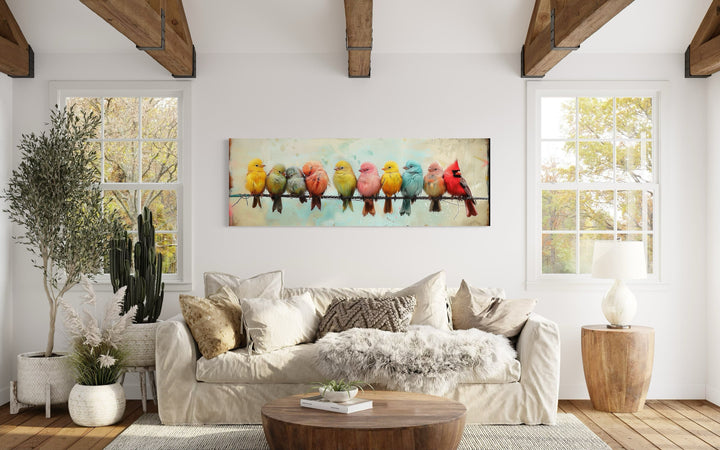 Colorful Birds On A Wire Long Horizontal Canvas Wall Art