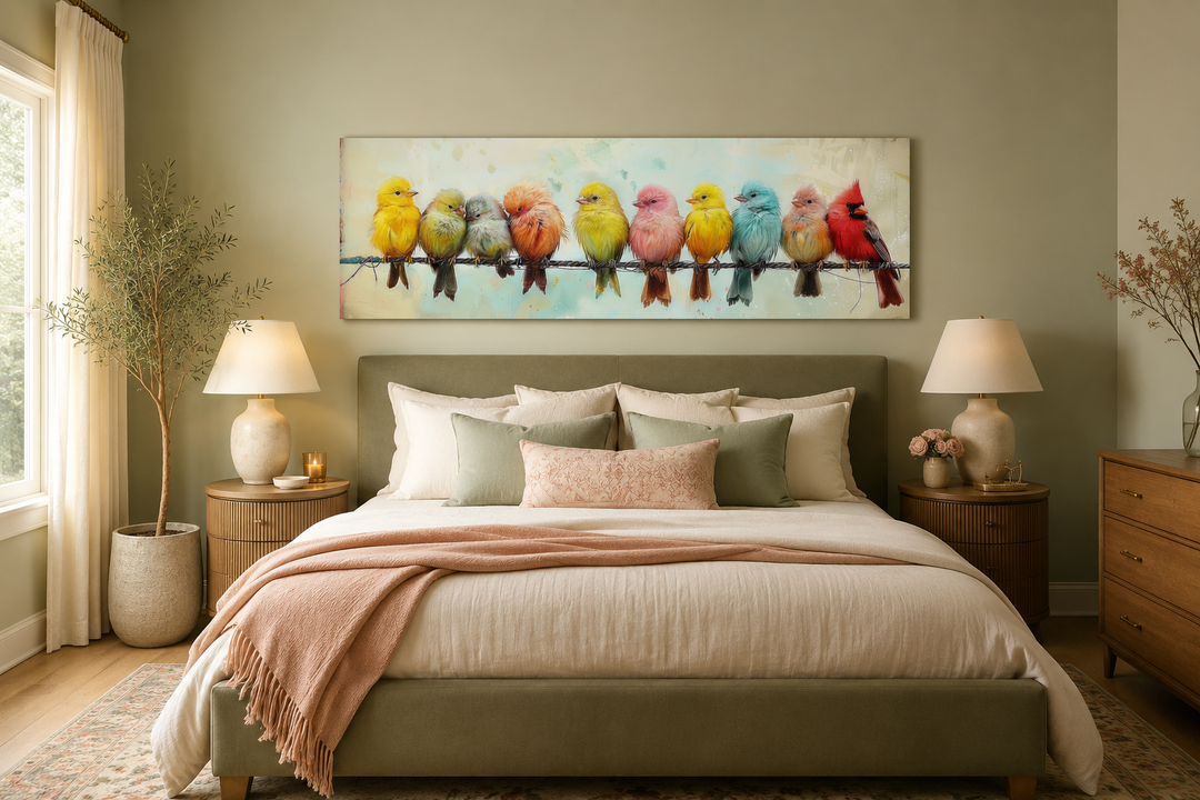 Colorful Birds On A Wire long horizontal canvas wall art hanging above a bed in a bedroom.