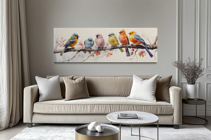 Colorful Birds On Branch Long Horizontal Above Bed Wall Art