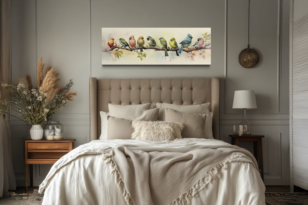 Colorful Birds On a Branch Horizontal Framed Canvas Wall Art