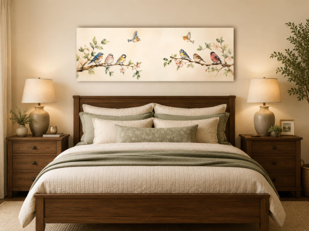 Long horizontal canvas print of colorful songbirds on blossoming branches above a wooden bed.
