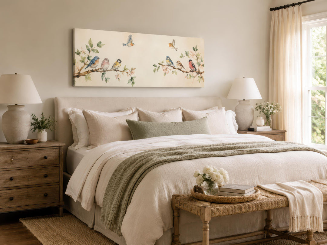 Colorful Birds wall art canvas above a bed, featuring songbirds on blossoming branches.