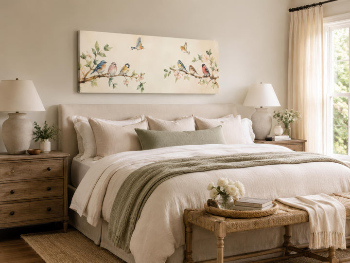 Colorful Birds wall art canvas above a bed, featuring songbirds on blossoming branches.