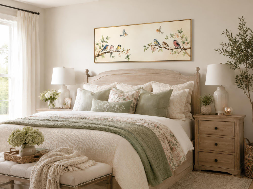 Long horizontal canvas print of colorful songbirds on blossoming branches above a bed.
