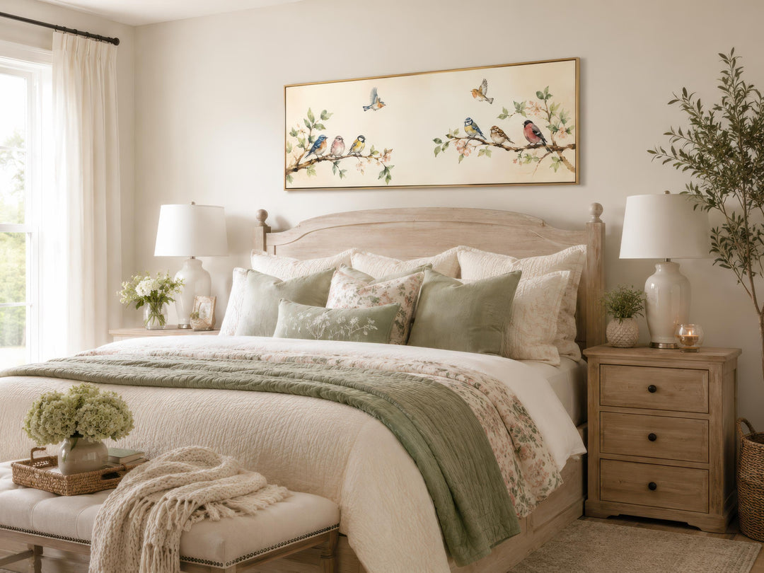 Long horizontal canvas print of colorful songbirds on blossoming branches above a bed.