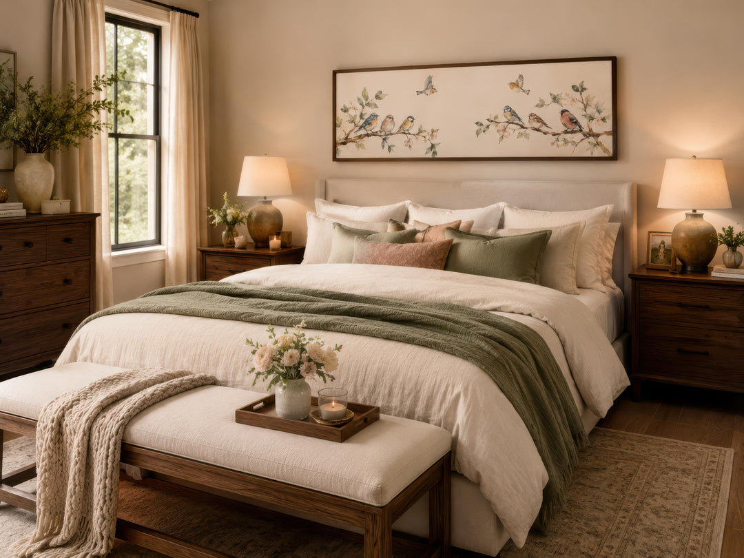 Long horizontal canvas print of colorful songbirds on blossoming branches above a cozy bed.