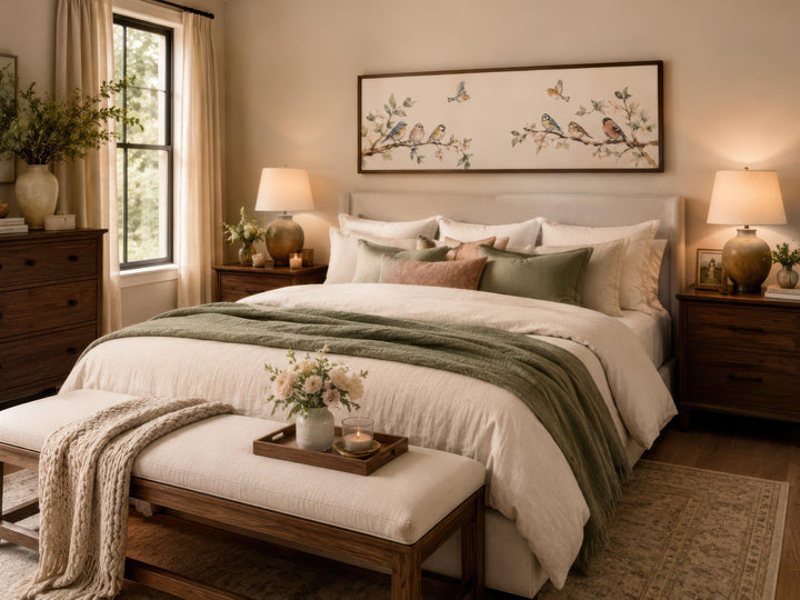 Long horizontal canvas print of colorful songbirds on blossoming branches above a cozy bed.