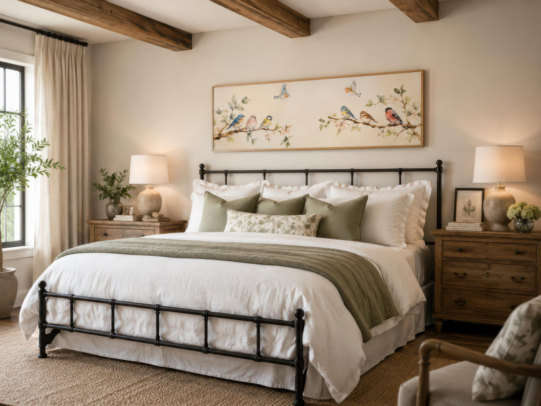 Long horizontal canvas print of colorful songbirds on blossoming branches above a bed.