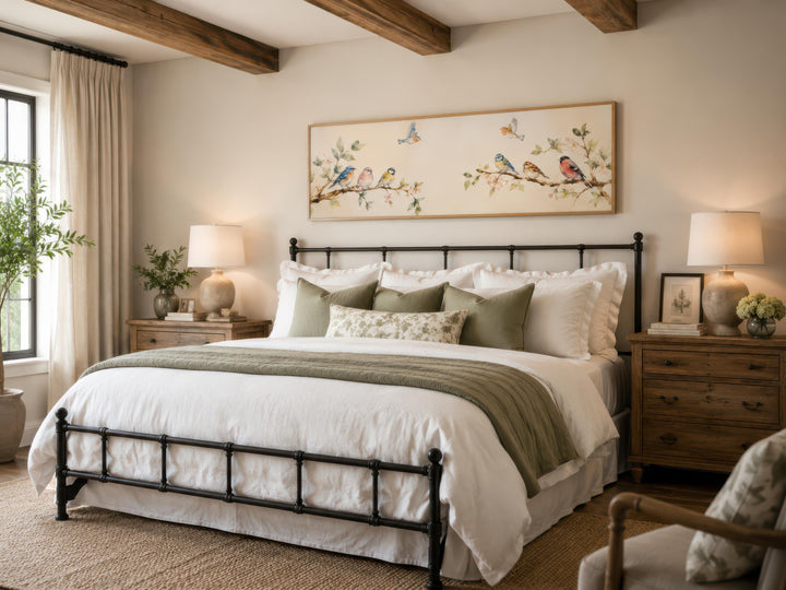 Long horizontal canvas print of colorful songbirds on blossoming branches above a bed.