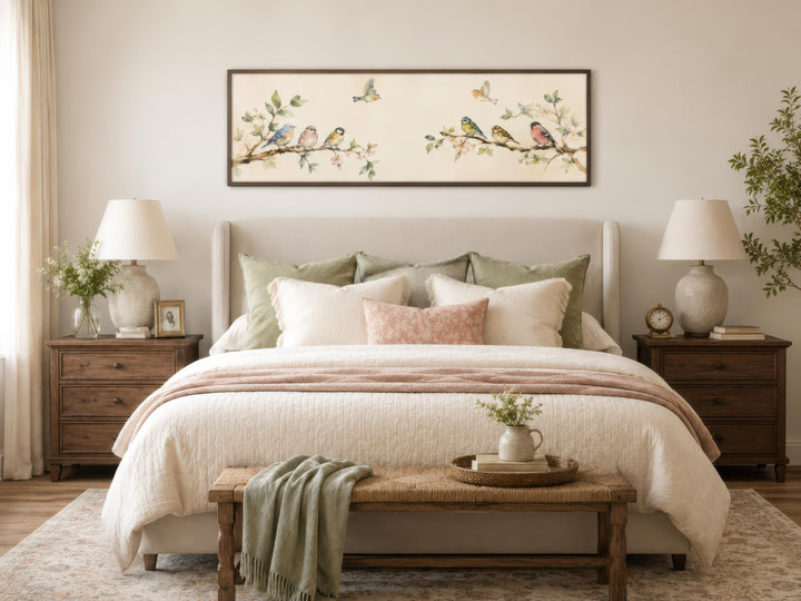 Long horizontal canvas print of colorful songbirds on blossoming branches above a neutral bed.