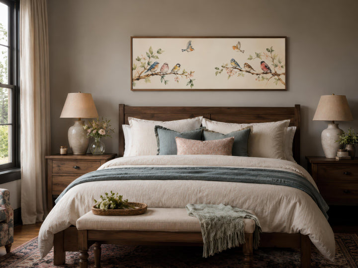 Long horizontal canvas print of colorful songbirds on blossoming branches above a wooden bed.