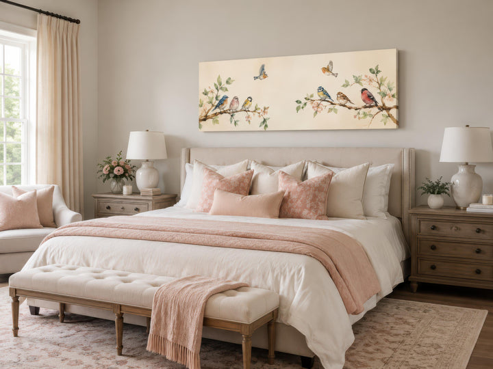 Long horizontal canvas print of colorful songbirds on blossoming branches above a bed.