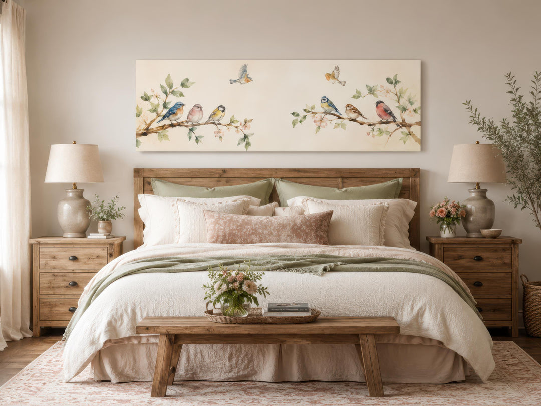 Long horizontal canvas print of colorful songbirds on blossoming branches above a wooden bed frame.