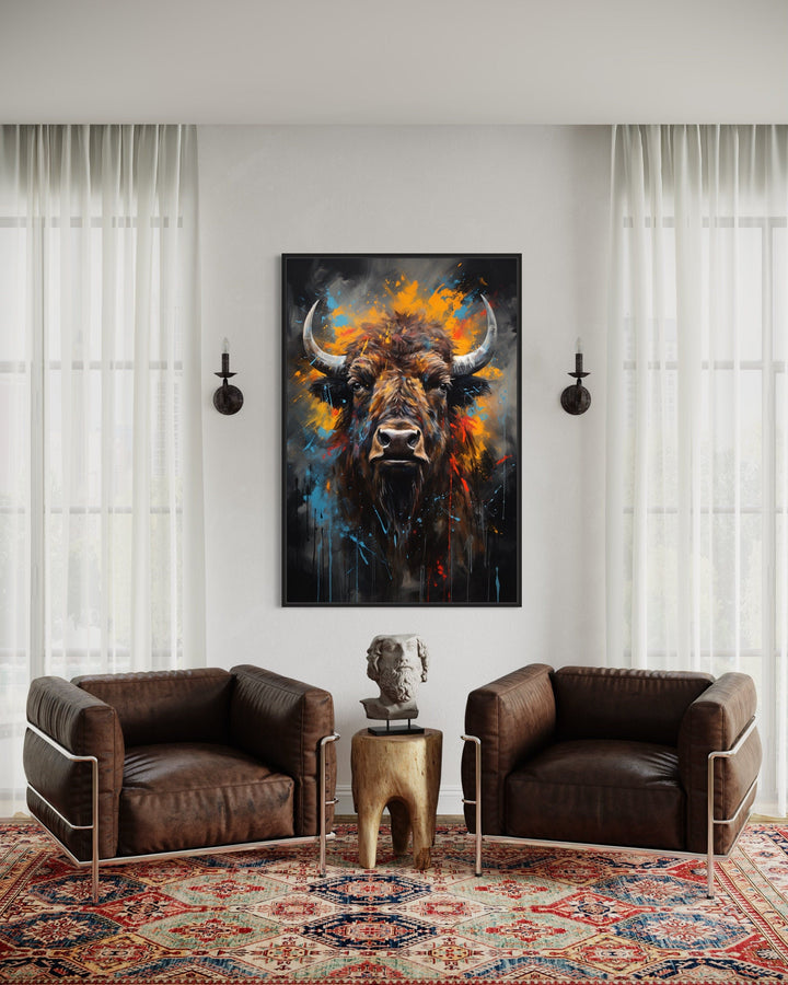 Colorful Bison Abstract Painting Framed Canvas Wall Art