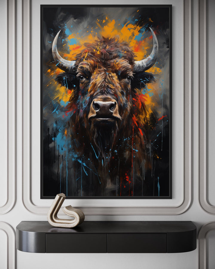 Colorful Bison Abstract Painting Framed Canvas Wall Art