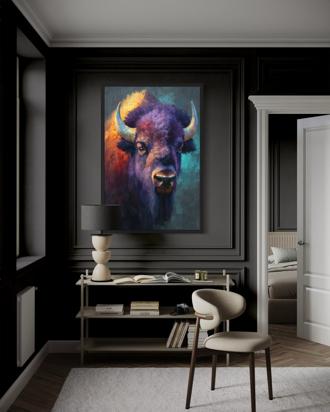 Colorful Bison Abstract Painting Framed Canvas Wall Art