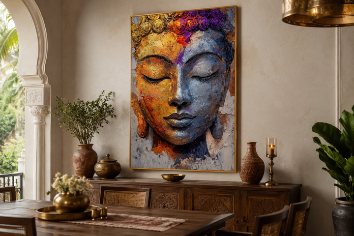 Vertical colorful Buddha portrait wall art in a textured, vibrant abstract style on a dining wall.