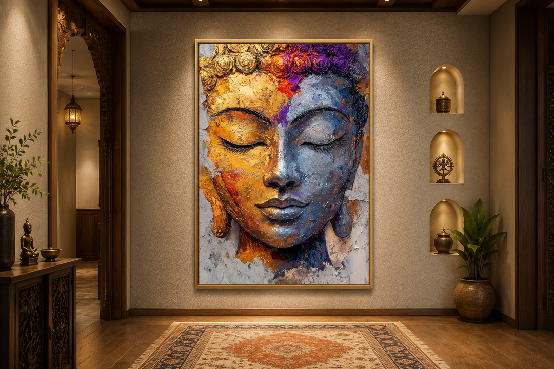 Vertical canvas print of a colorful Buddha face in orange, blue, and gold on a hallway wall.