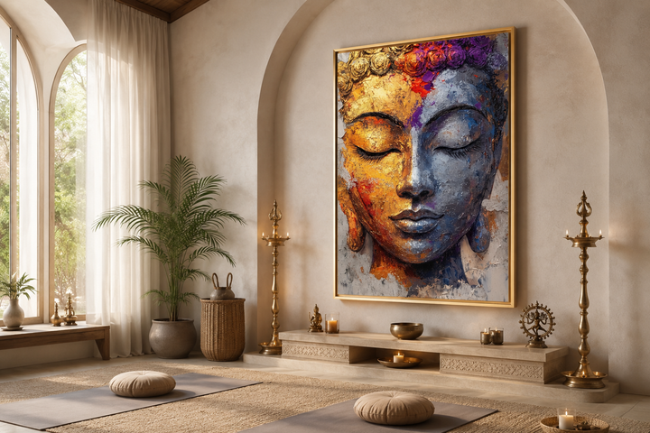 Colorful Buddha portrait wall art in a serene meditation room with yoga mats and candles.