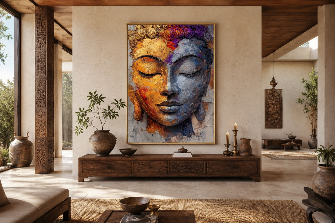 Vertical canvas art of a serene Buddha face in vibrant orange, blue, and gold on a neutral wall.