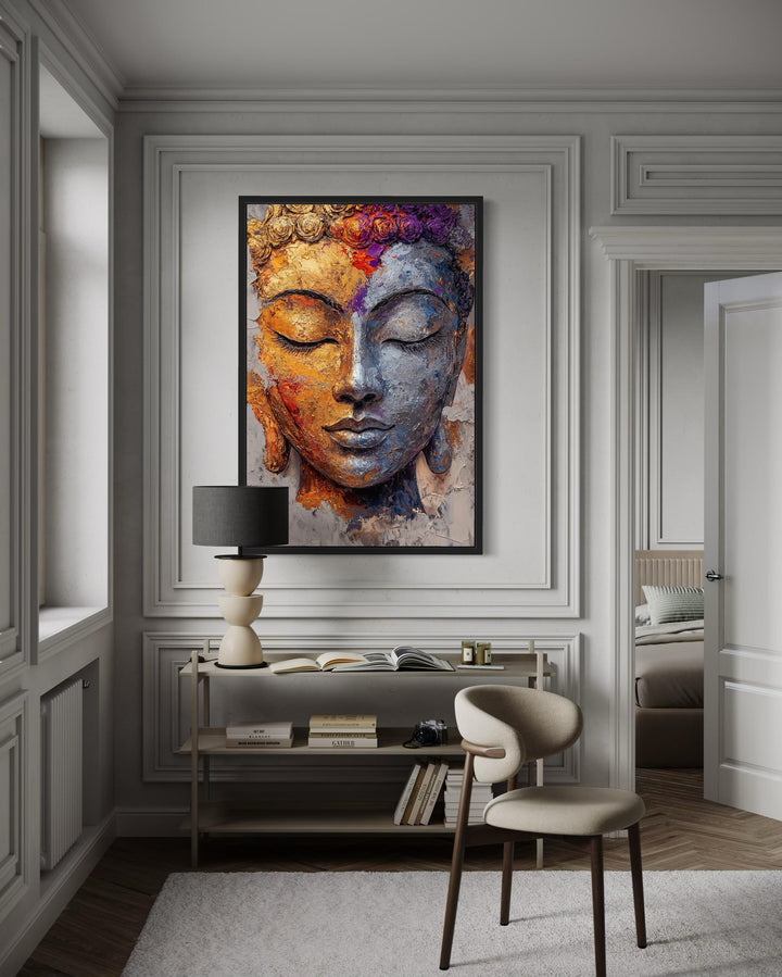 Colorful Buddha Portrait Wall Art in a black frame above a console table in a modern room.