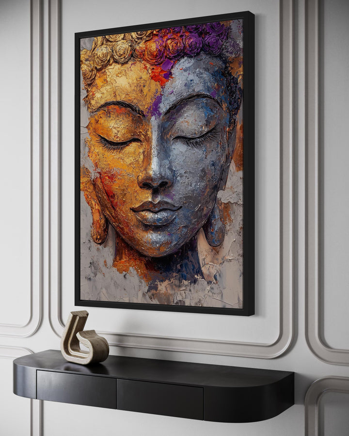 Colorful Buddha portrait wall art in a black frame hanging above a modern black console table.