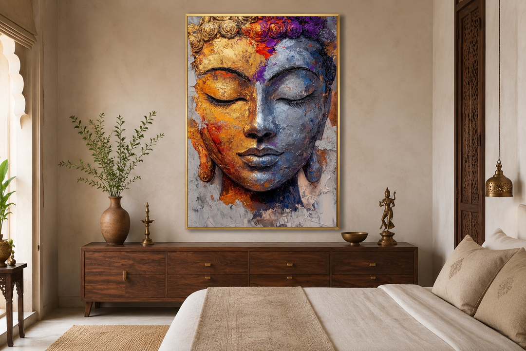 A large, colorful Buddha portrait canvas print hangs above a wooden dresser in a serene bedroom.