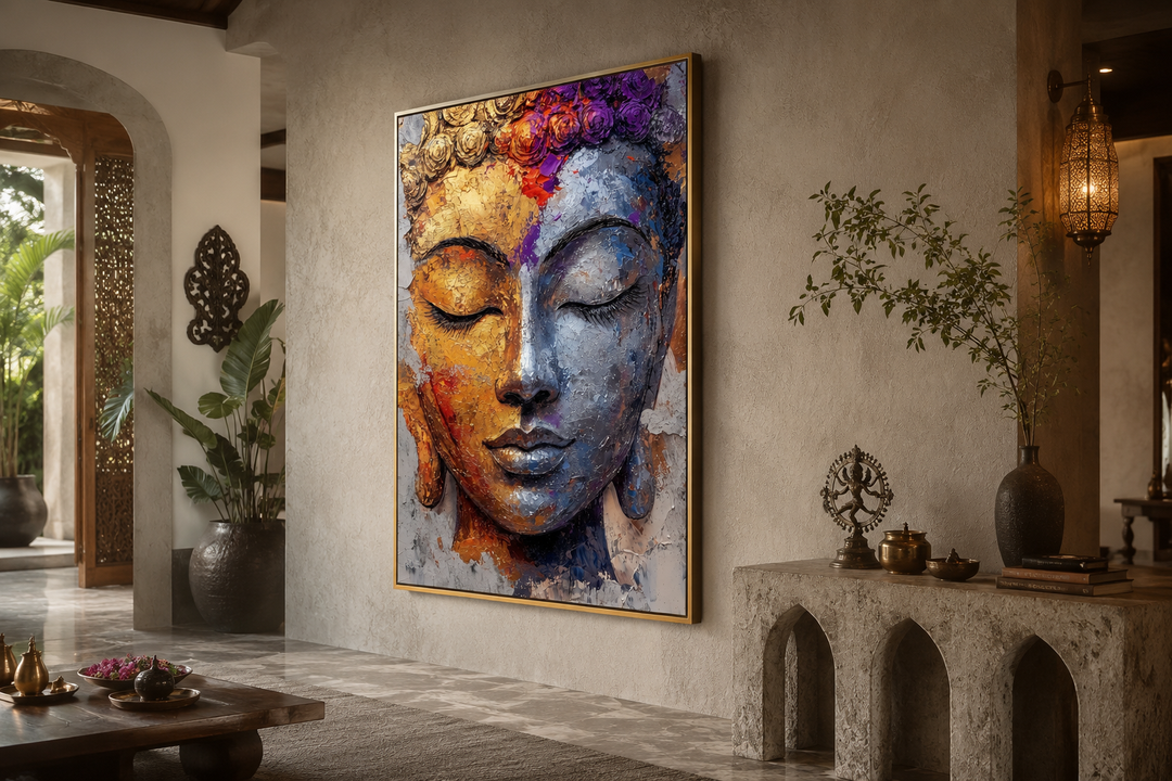 Colorful Buddha portrait wall art canvas print in a gold frame on a neutral textured wall.